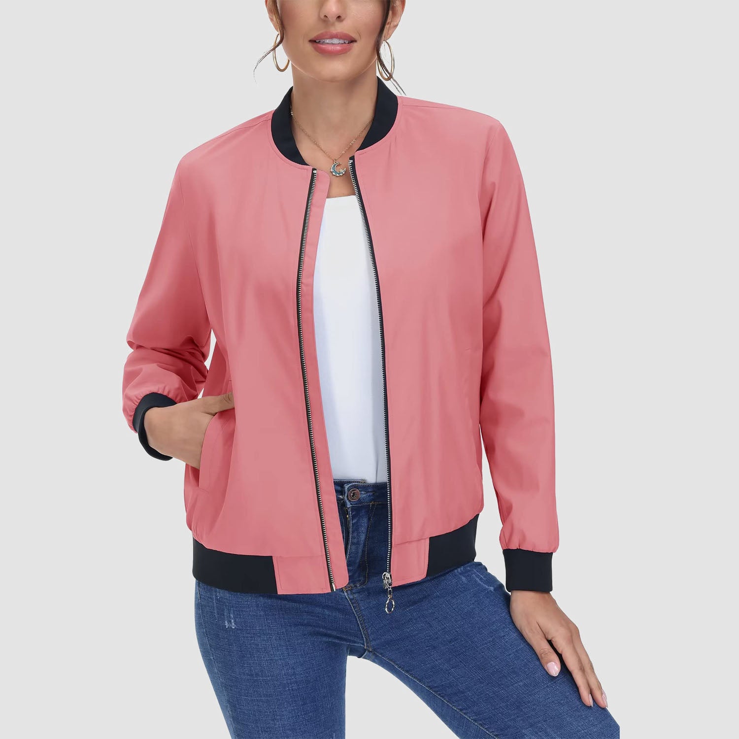 Women's Bomber Jacket Casual Zip Up Lightweight Coat Outerwear Windbreaker